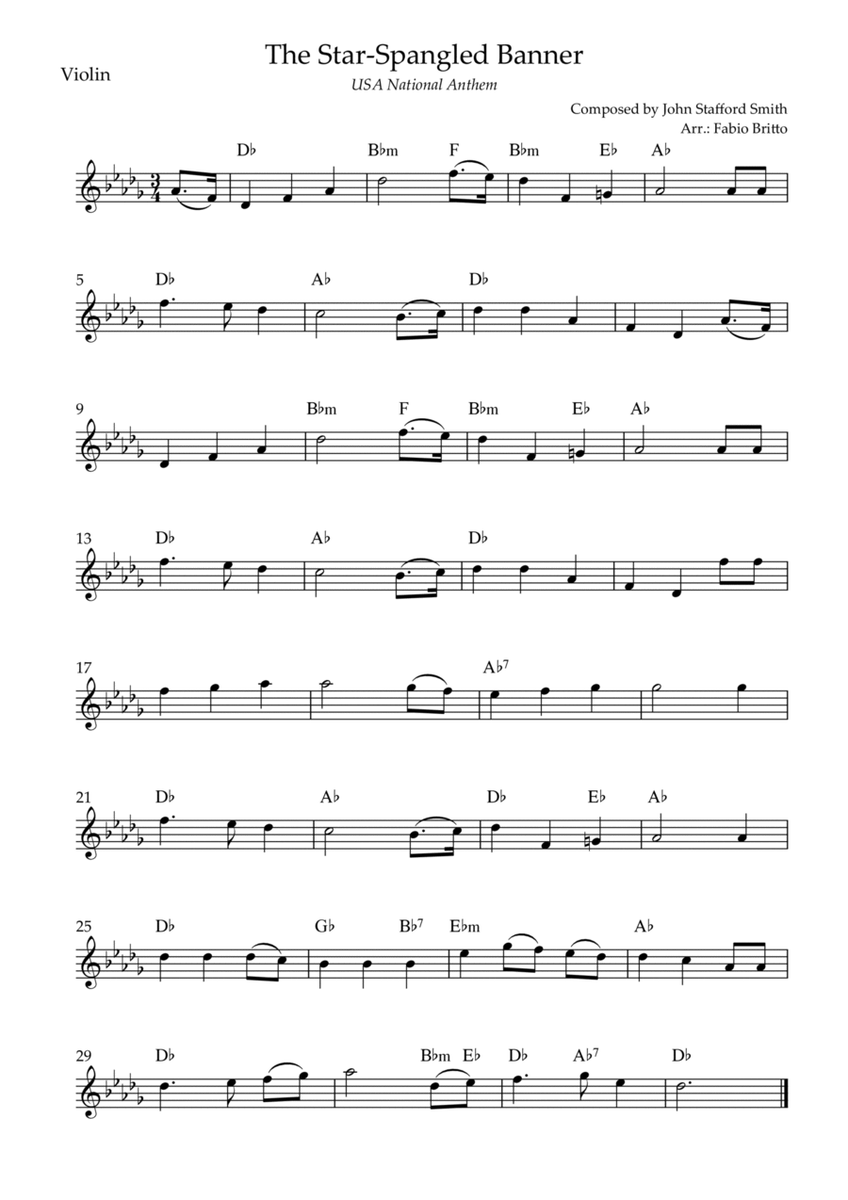 The Star Spangled Banner (USA National Anthem) for Violin Solo with Chords (Db Major)