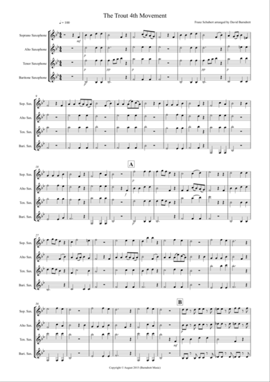 The Trout (4th movement) for Saxophone Quartet Saxophone Quartet scores gallery preview page 1