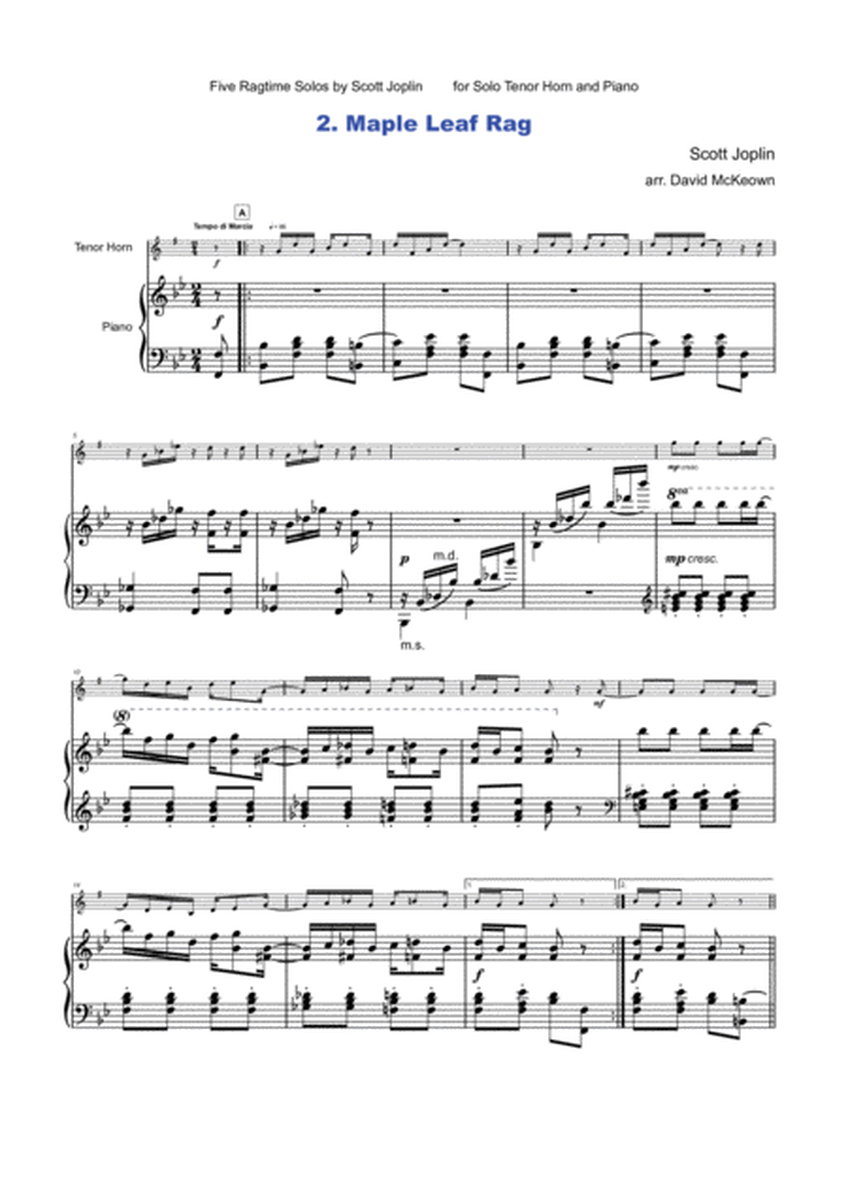Five Ragtime Solos by Scott Joplin for Tenor Horn and Piano