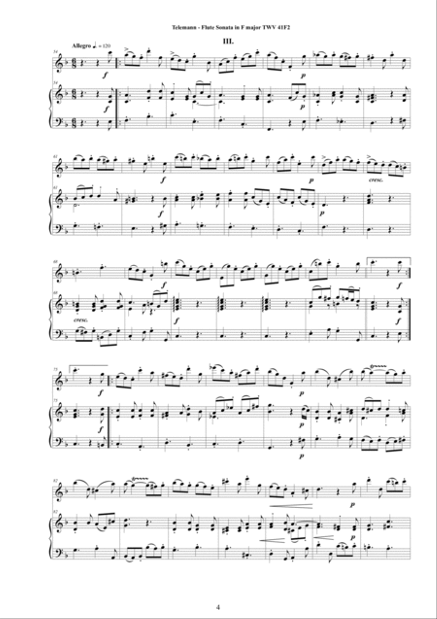 Telemann - Flute Sonata in F major TWV 41-F2 for Flute and Cembalo (or Piano) Woodwind Duet scores gallery preview page 4