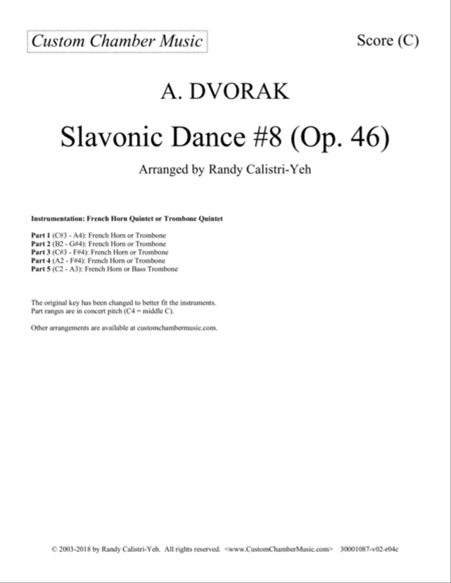 Book cover for Dvorak Slavonic Dance #8 (French horn quintet or trombone quintet)