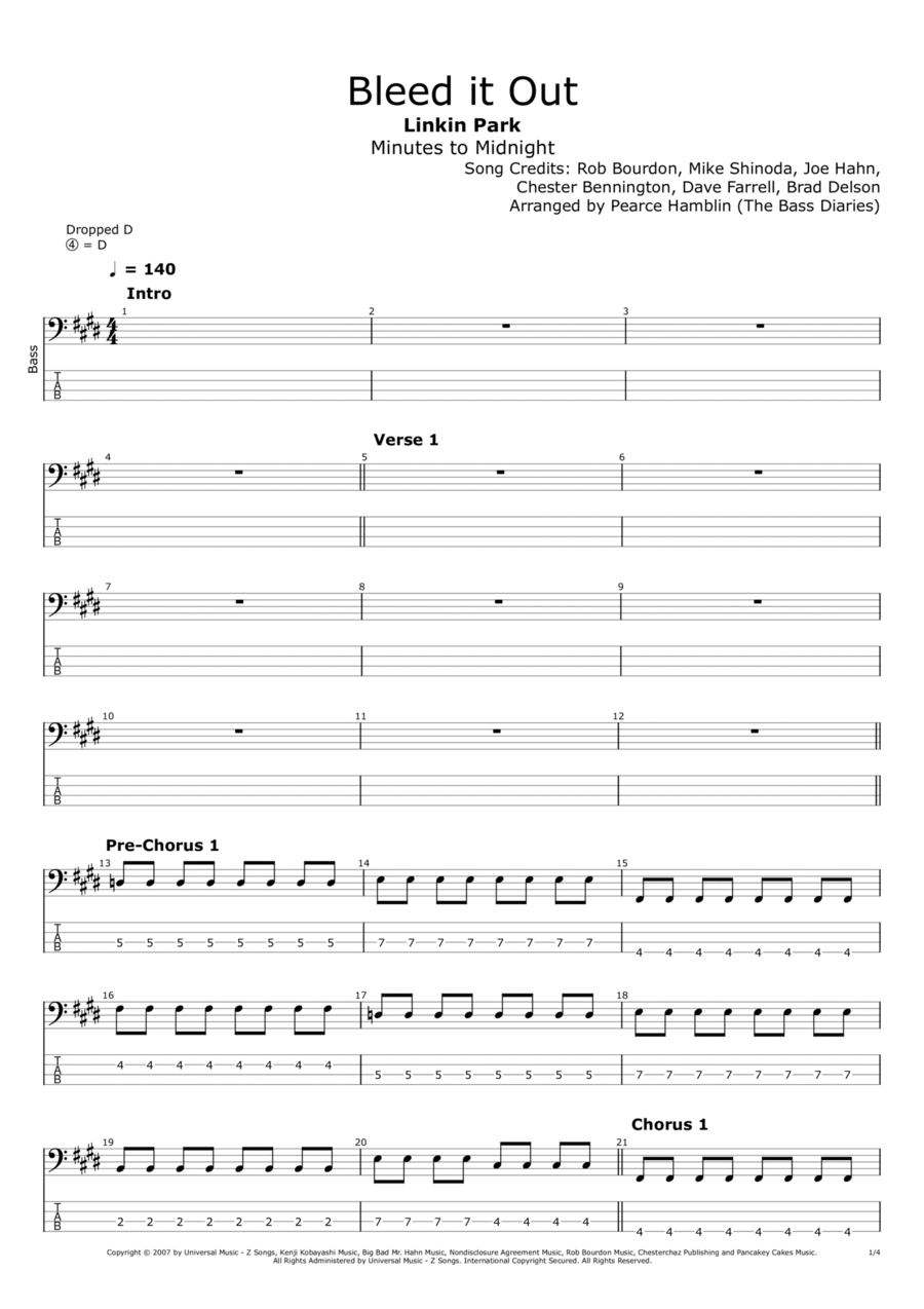 Bleed It Out Bass Guitar scores gallery preview page 1