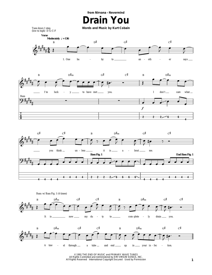 Drain You Drain You Bass Guitar Tablature scores gallery preview page 1