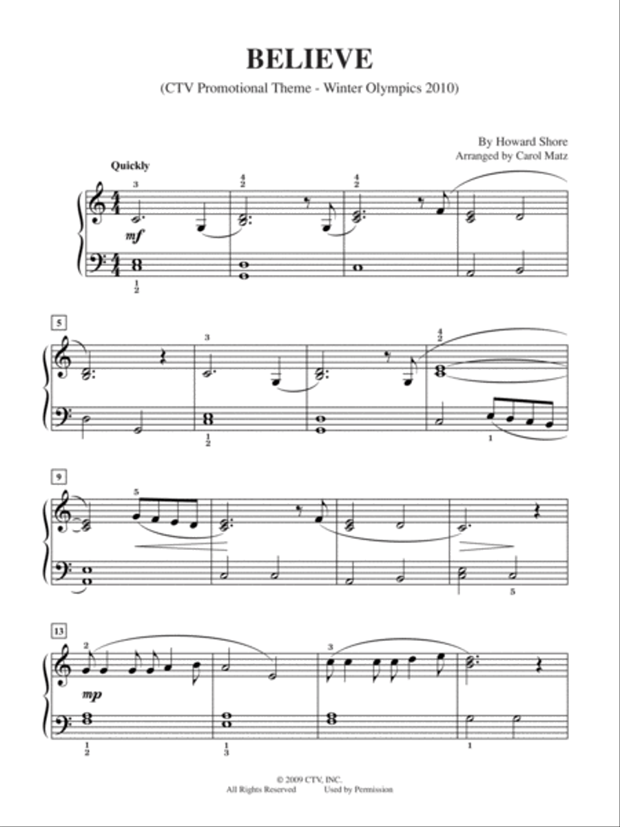 Believe<br>(CTV Promotional Theme - Winter Olympics 2010) Easy Piano scores gallery preview page 1