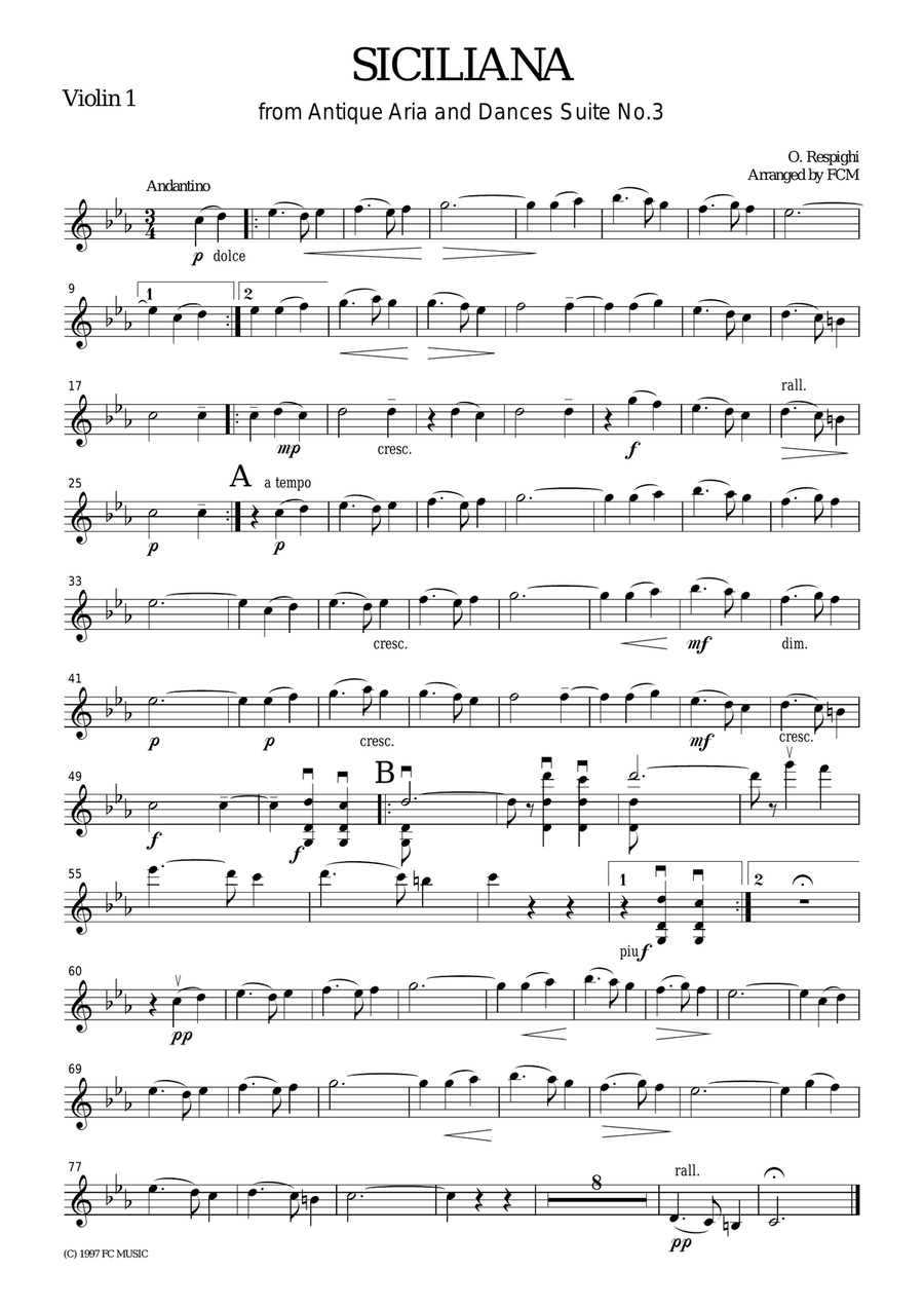 Respighi Siciliana from Ancient Airs and Dances Suite No.3, for string quartet, CR002 String Quartet scores gallery preview page 3