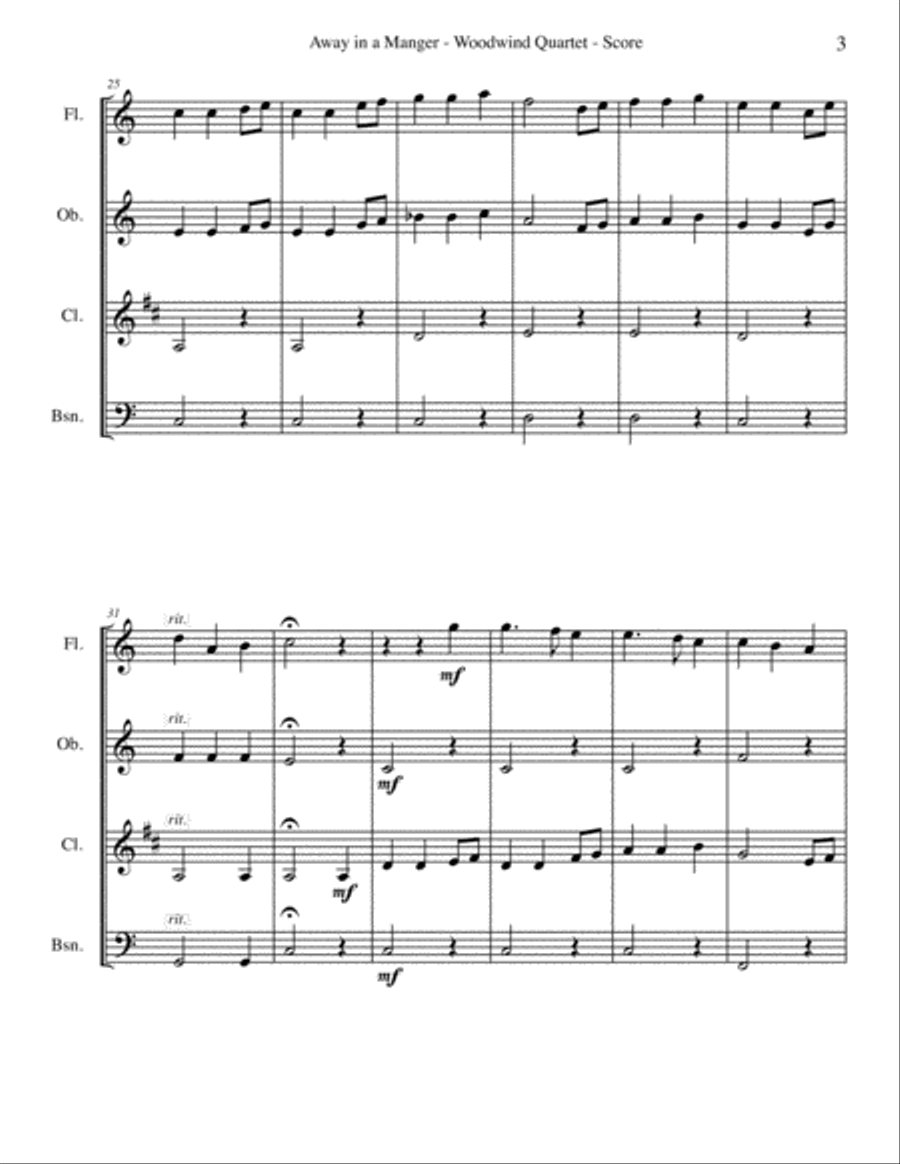 Away in a Manger for Woodwind Quartet Woodwind Quartet scores gallery preview page 3