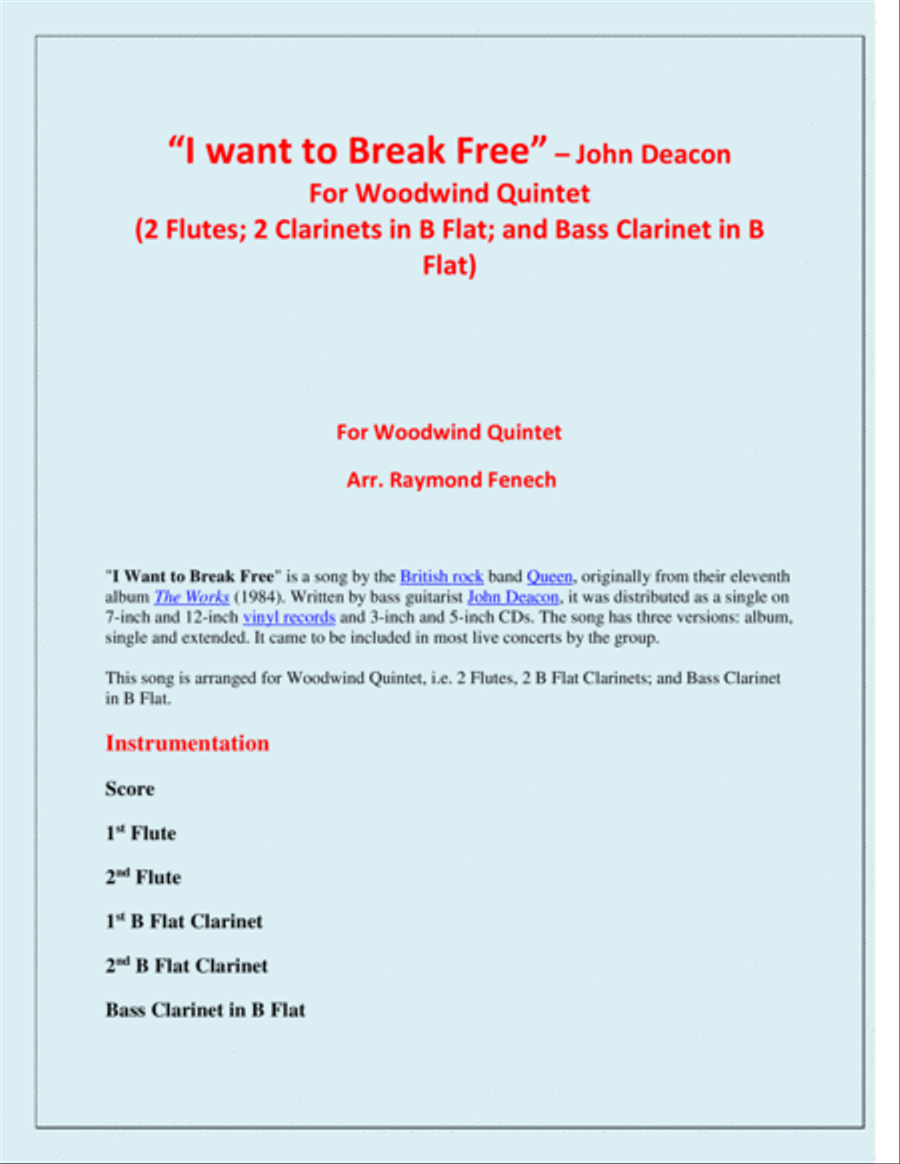 I Want To Break Free Woodwind Quintet scores gallery preview page 2