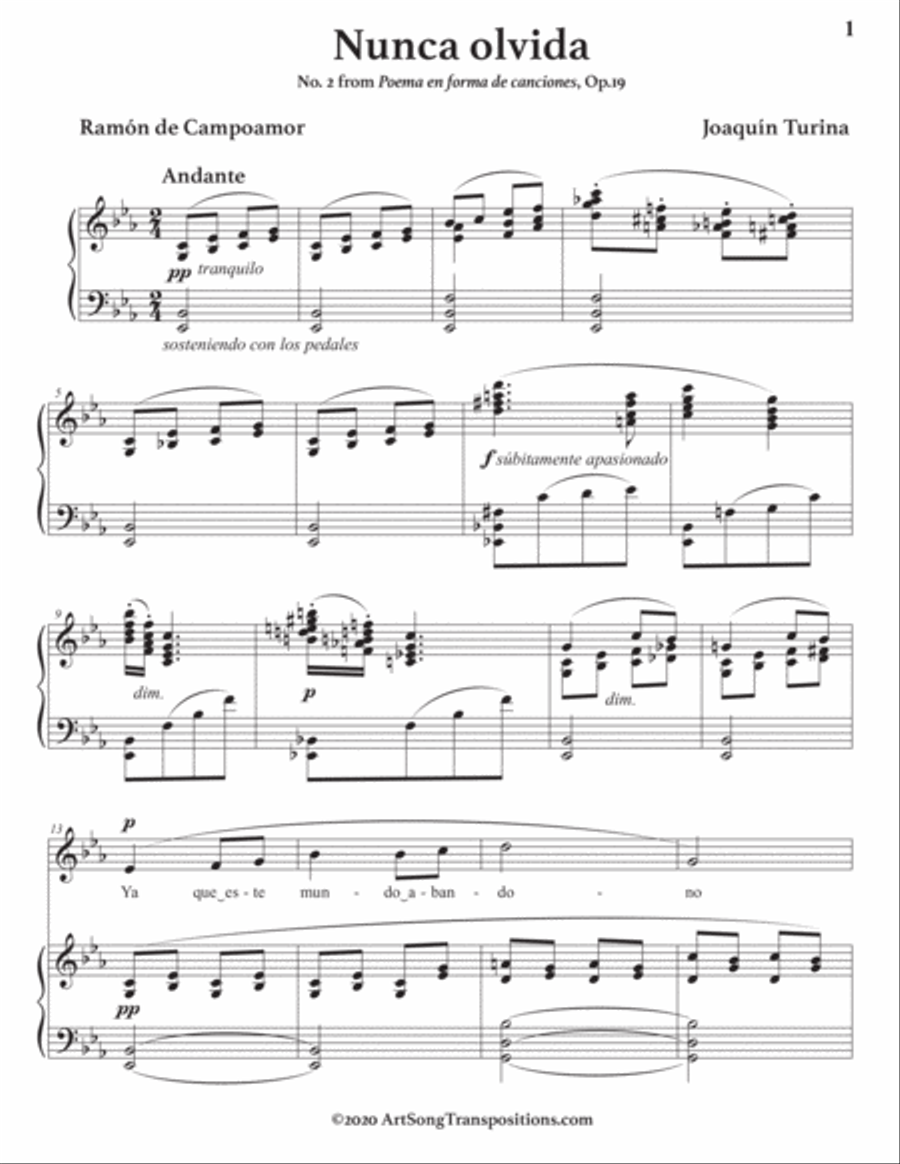 TURINA: Nunca olvida, Op. 19 no. 2 (transposed to E-flat major) Voice scores gallery preview page 2