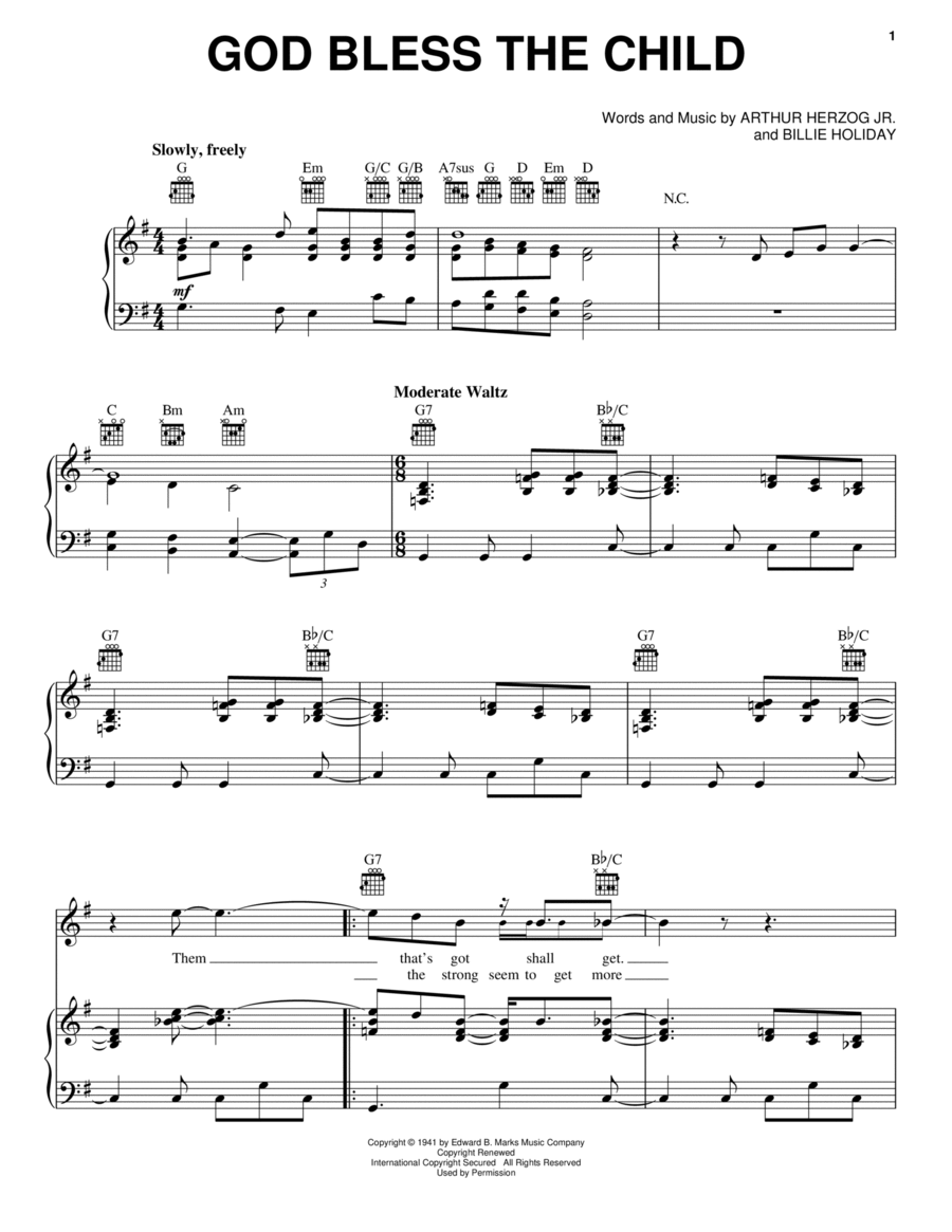 God Bless' The Child Piano, Vocal, Guitar scores gallery preview page 1