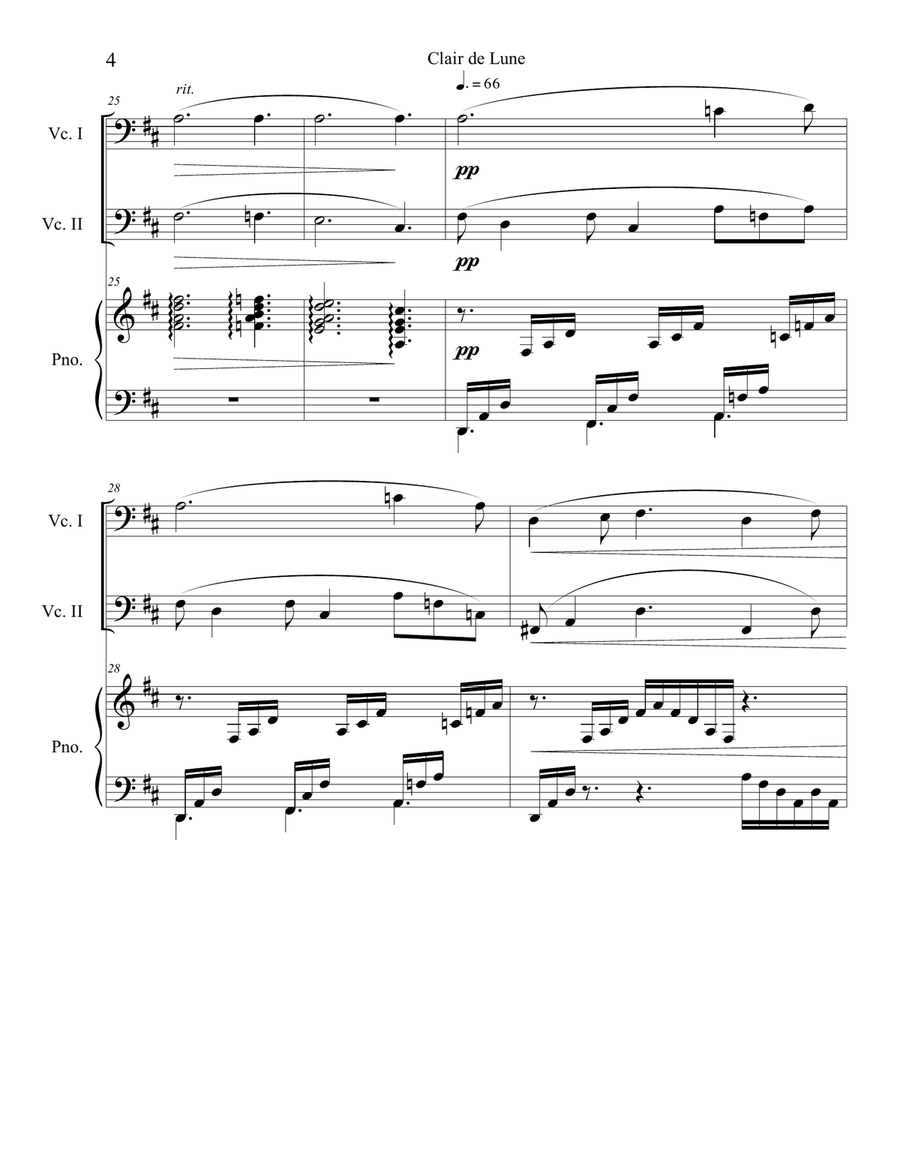 Clair de Lune (Cello Duet) with piano accompaniment String Duet scores gallery preview page 4