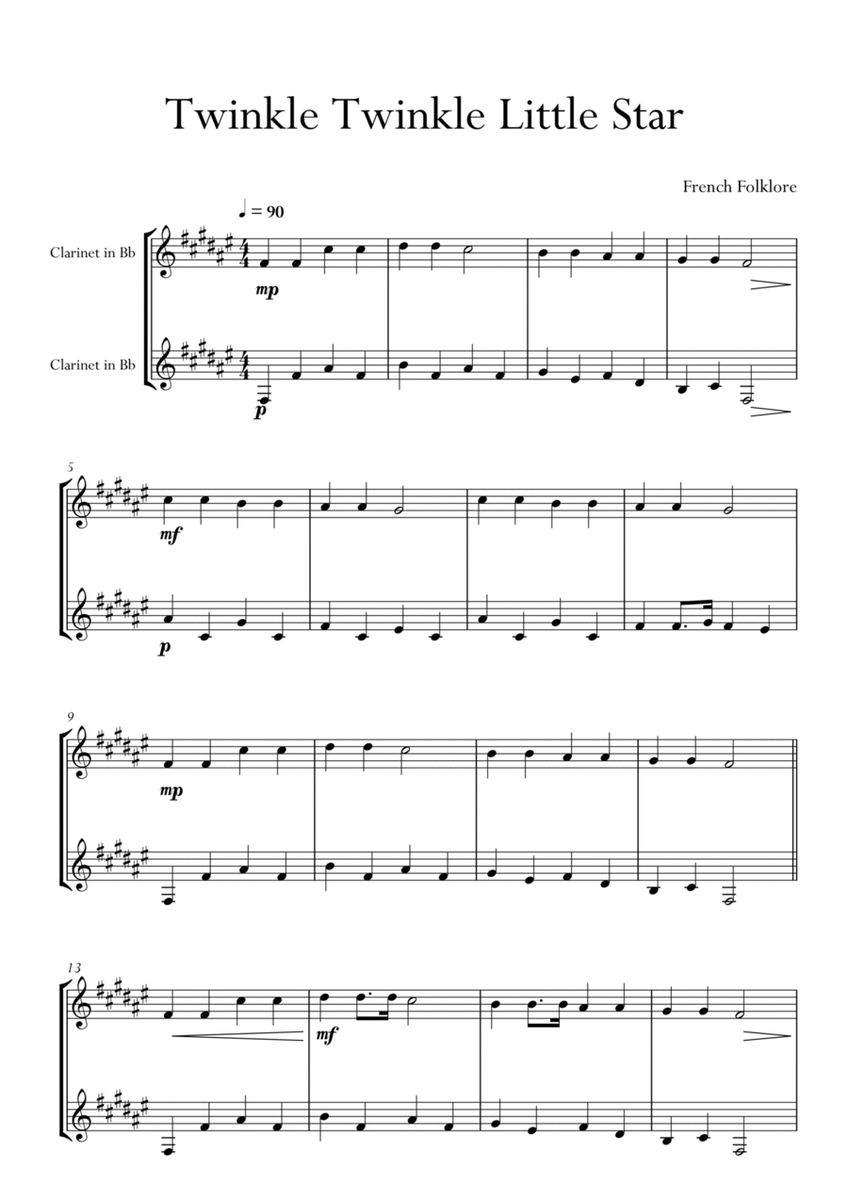 Twinkle Twinkle Little Star in E Major for Clarinet Duo. Easy version. image number null
