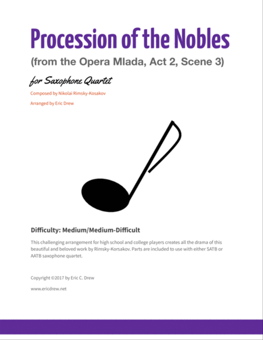 Procession of the Nobles (from the Opera Mlada, Act 2, Scene 3) Saxophone Quartet scores gallery preview page 1