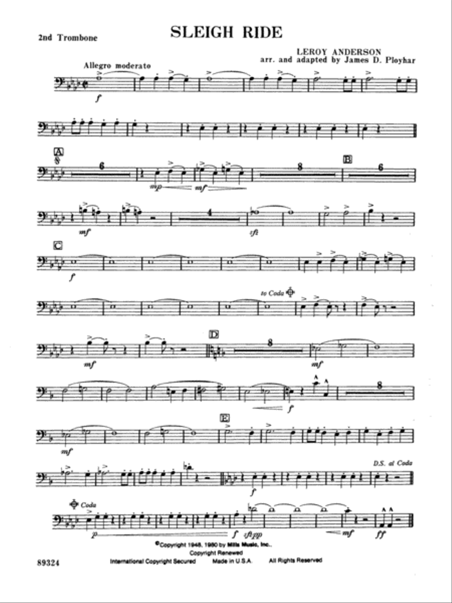 Sleigh Ride: 2nd Trombone Concert Band scores gallery preview page 1