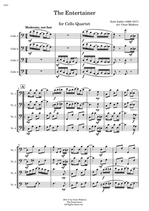 The Entertainer by Joplin - Cello Quartet (Full Score and Parts)