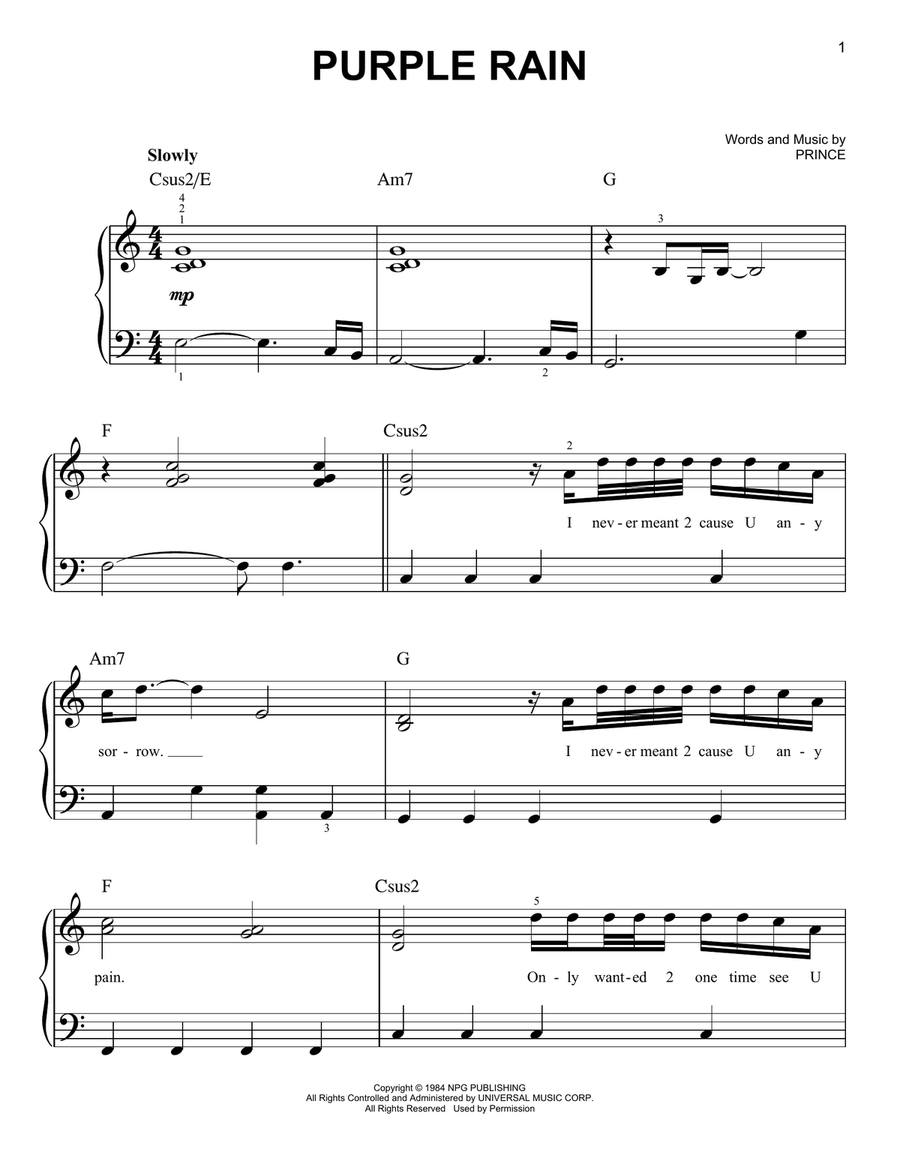 Purple Rain Easy Piano scores gallery preview page 1
