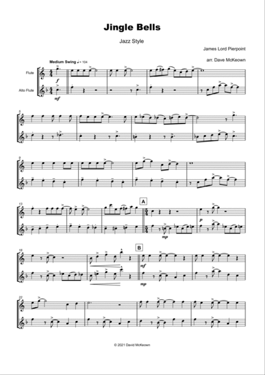 Jingle Bells, Jazz Style, for Flute and Alto Flute Duet Flute Duet scores gallery preview page 2