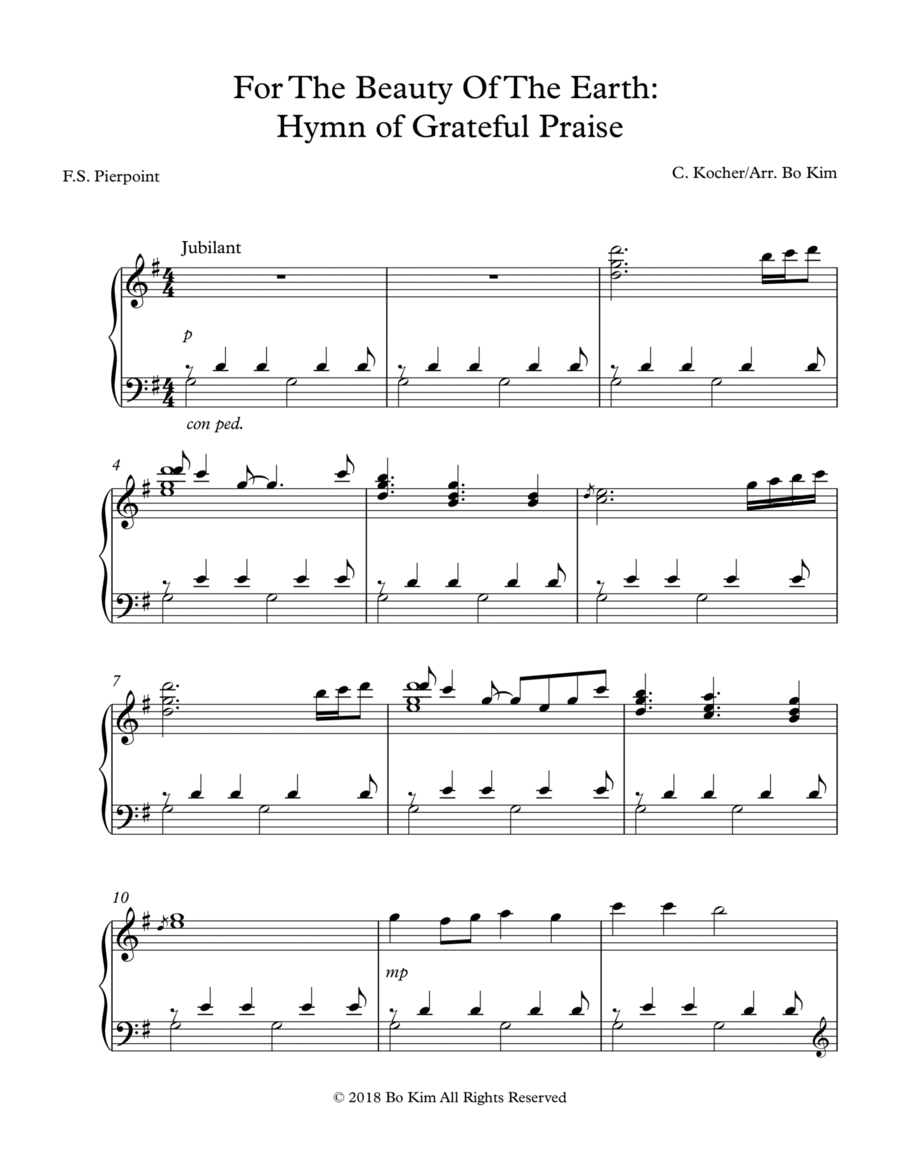 For The Beauty Of The Earth: Hymn of Grateful Praise Piano Solo - Digital Sheet Music