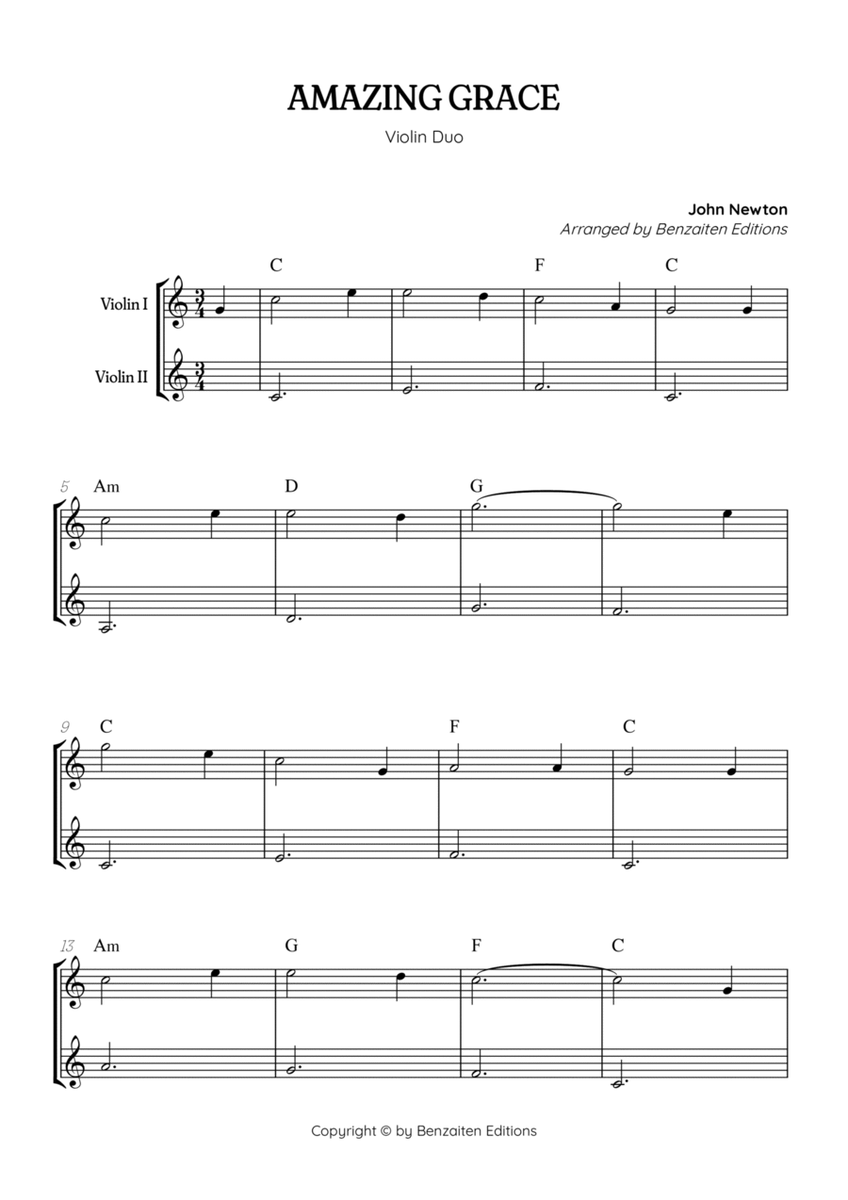Amazing Grace • super easy violin duet sheet music with chords image number null