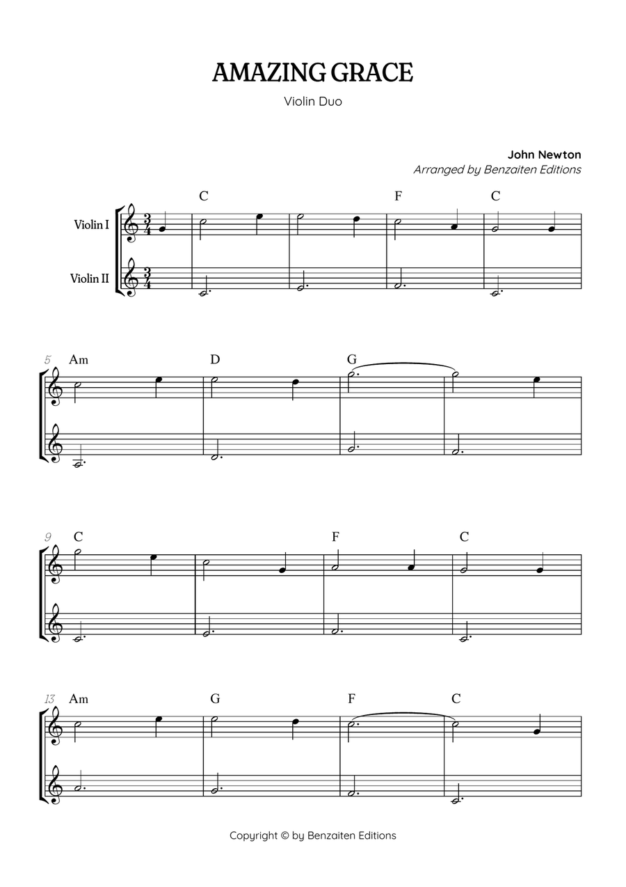 Amazing Grace • super easy violin duet sheet music with chords String Duet scores gallery preview page 1