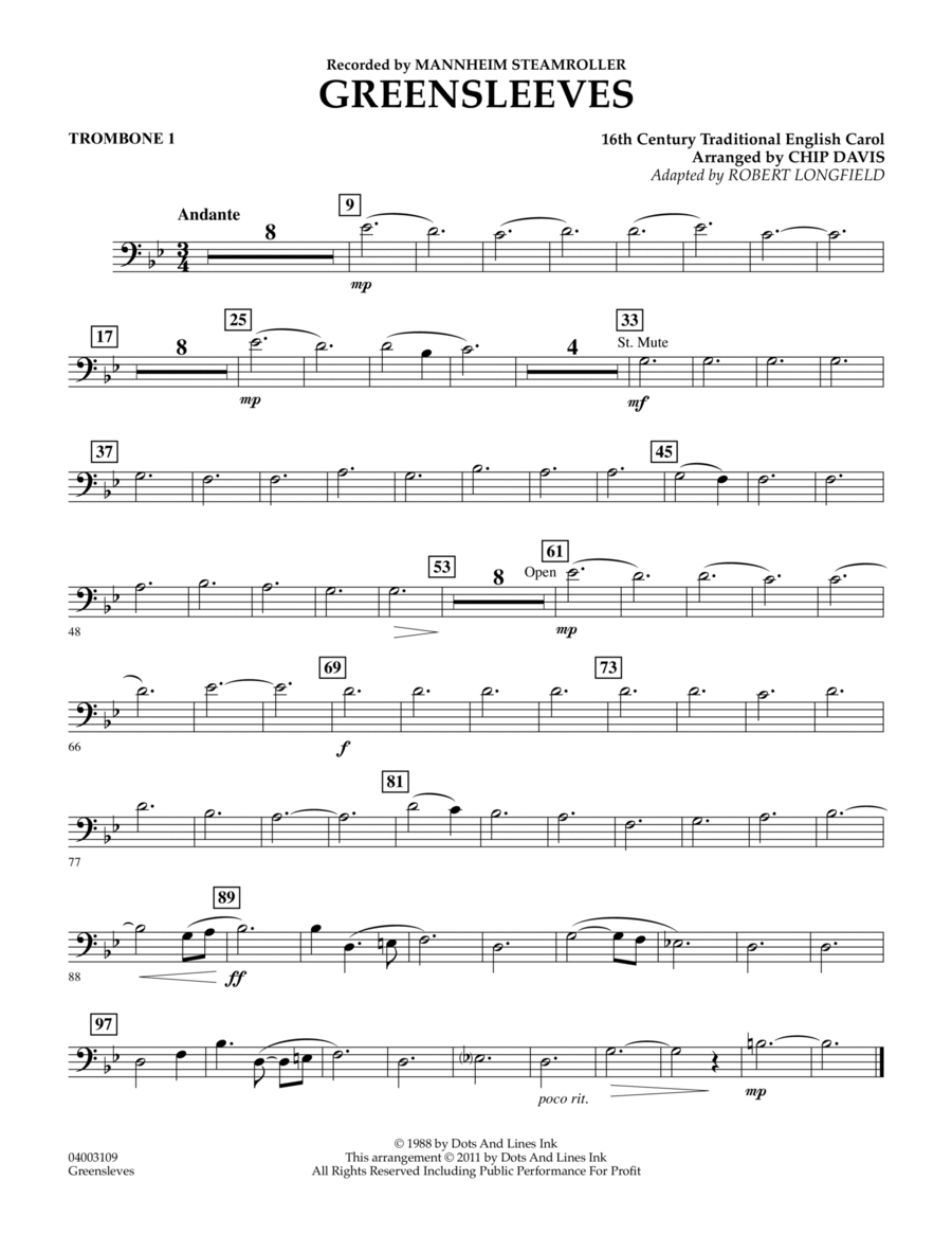 Greensleeves - Trombone 1 Concert Band scores gallery preview page 1
