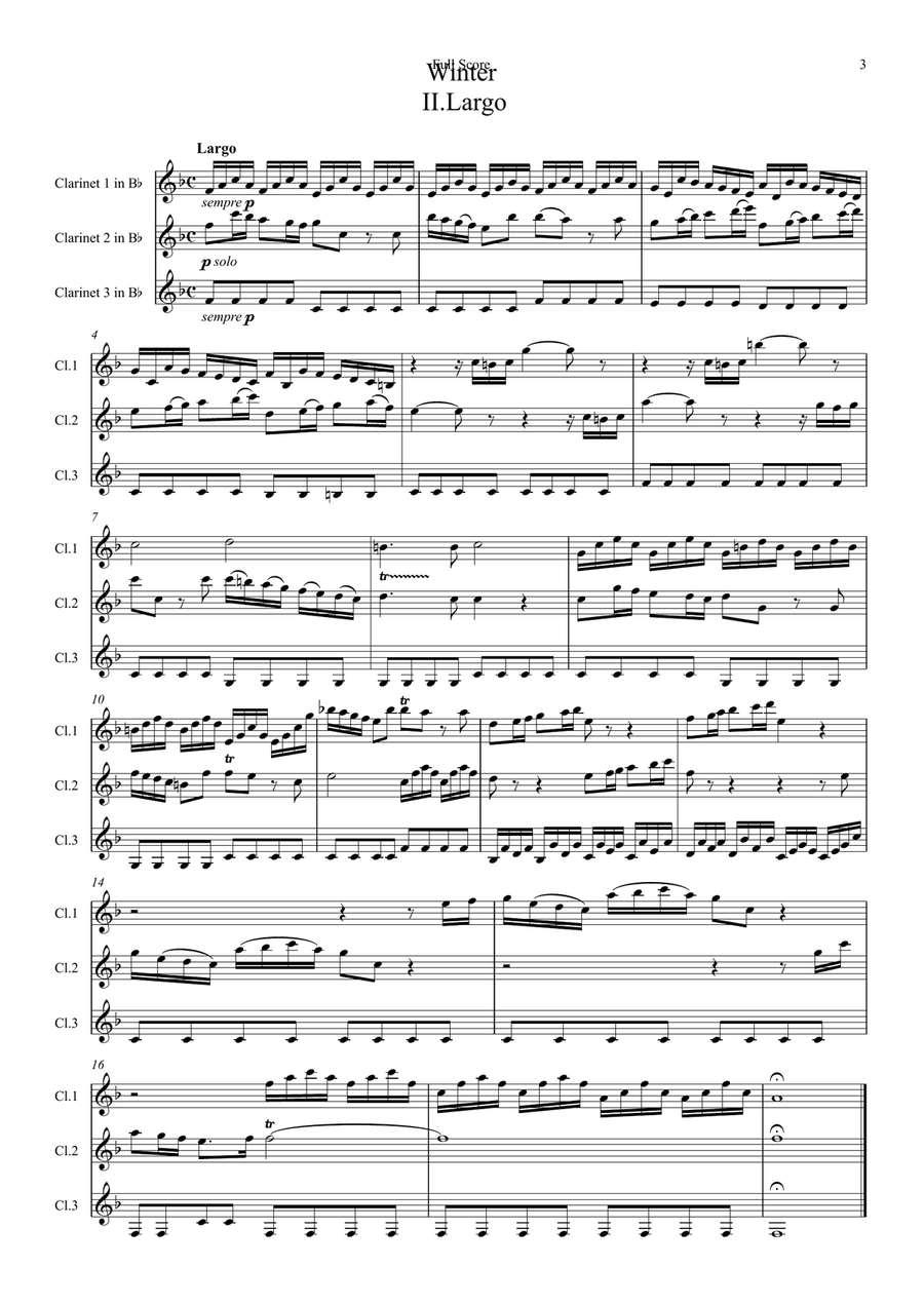 Vivaldi: The Four Seasons (Le quattro stagioni): A Suite of 4 Movements (easier and abridged) Clarinet Trio scores gallery preview page 3