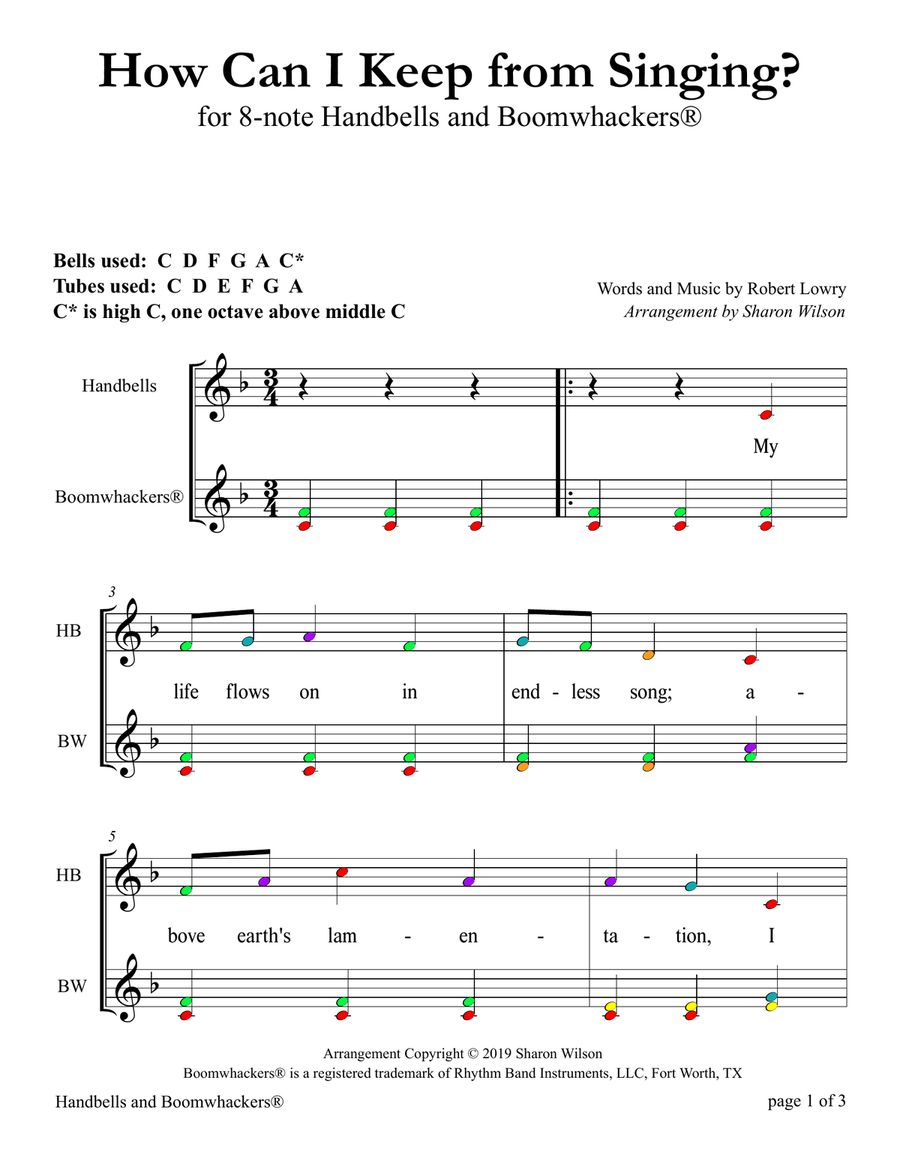 How Can I Keep from Singing? (for 8-note Bells and Boomwhackers® with Color Coded Notes) Handbell Choir scores gallery preview page 4