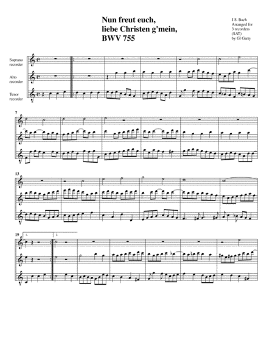 Nun freut euch, lieben Christen g'mein BWV 755 (Arrangement for 3 recorders) Recorder scores gallery preview page 1