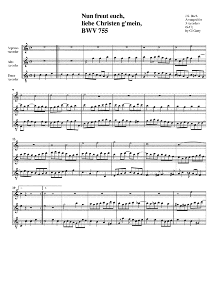 Nun freut euch, lieben Christen g'mein BWV 755 (Arrangement for 3 recorders)