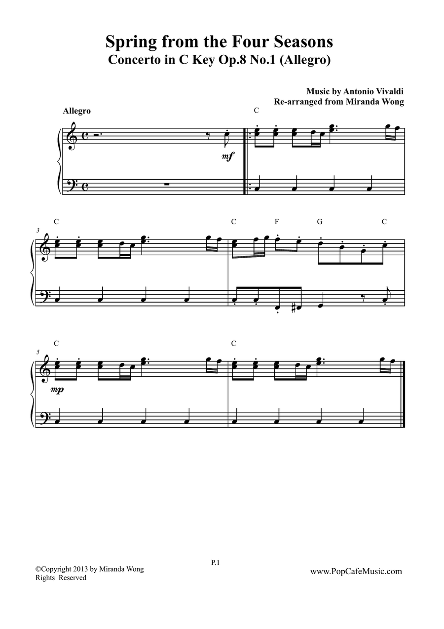 Spring from Four Seasons by Vivaldi - C Key for Piano Solo Organ Accompaniment scores gallery preview page 1