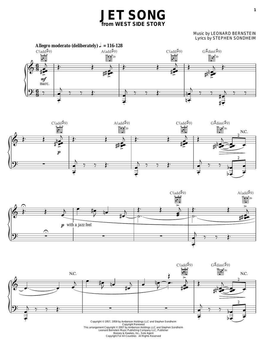 Jet Song (from West Side Story) Piano, Vocal, Guitar scores gallery preview page 1