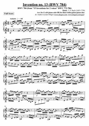 Bach (J.S.) - Invention no. 13 (BWV 784) - arr. for G-clef piano solo OR for flute/violin-guitar/pia