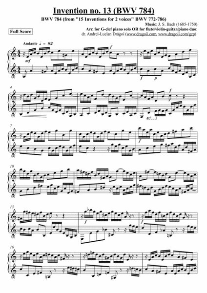 Bach (J.S.) - Invention no. 13 (BWV 784) - arr. for G-clef piano solo OR for flute/violin-guitar/pia image number null