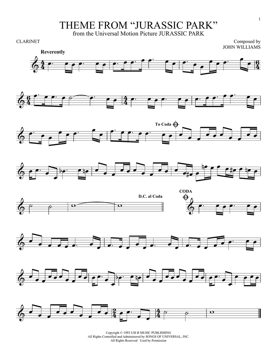 Theme From Jurassic Park Theme From Jurassic Park Clarinet Solo scores gallery preview page 1