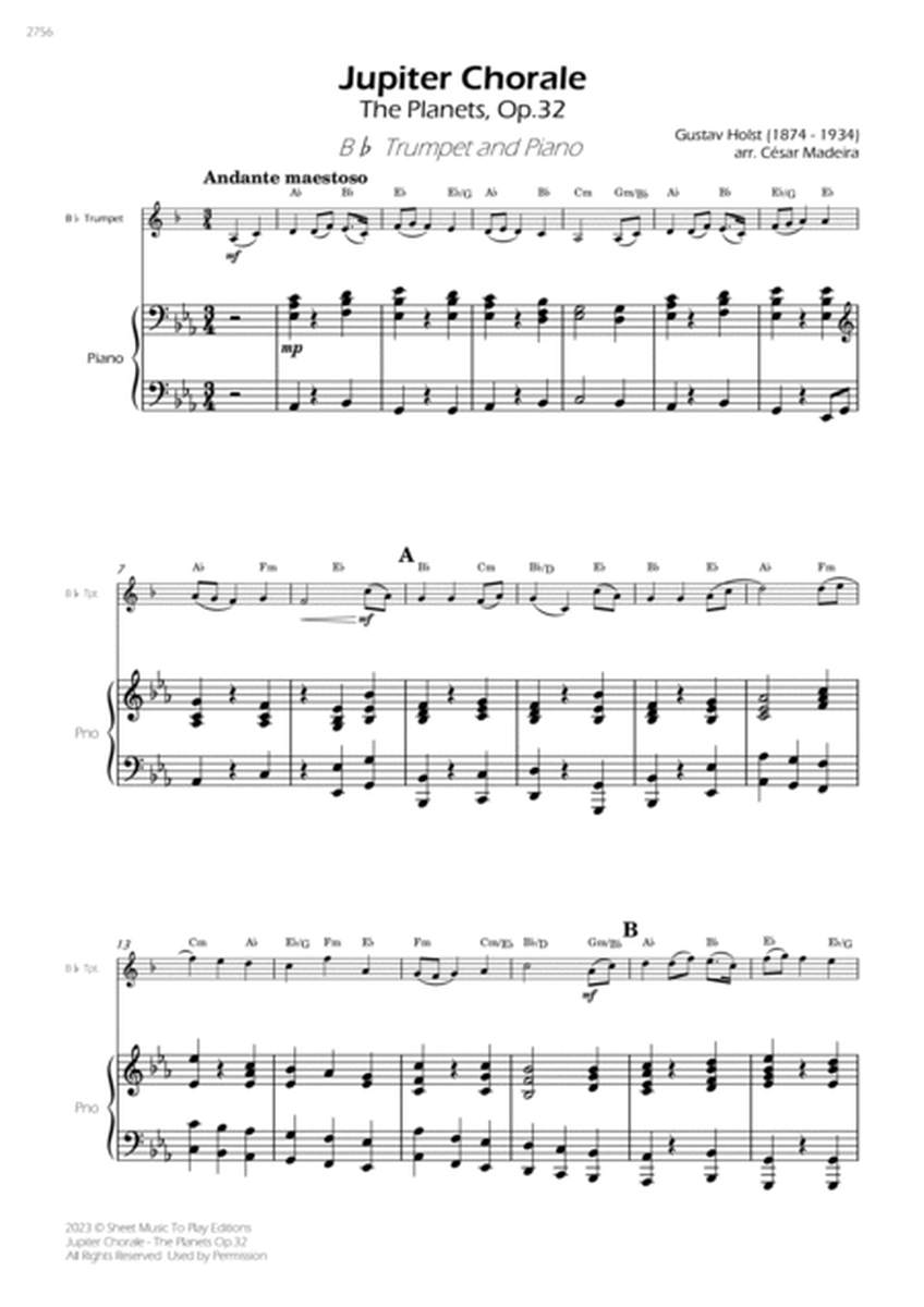 Jupiter Chorale from The Planets - Bb Trumpet and Piano - W/Chords (Full Score and Parts) image number null