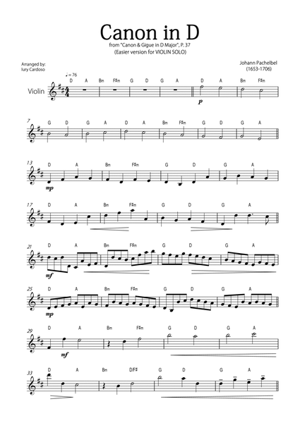 "Canon in D" by Pachelbel - EASY version for VIOLIN SOLO. image number null
