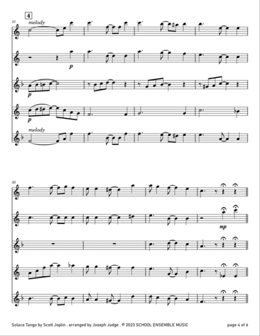 Solace Tango by Scott Joplin for Saxophone Quartet in Schools Saxophone Quartet scores gallery preview page 4