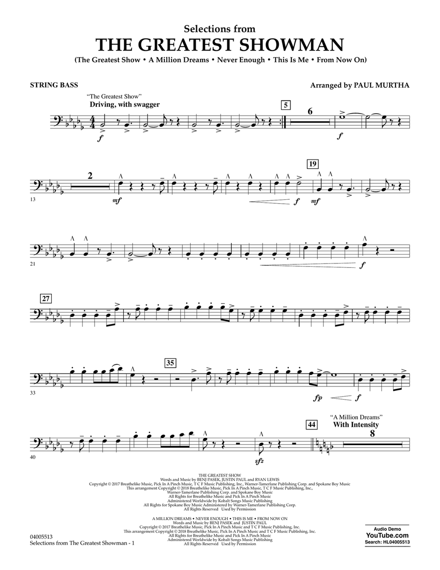 Selections from The Greatest Showman (arr. Paul Murtha) - String Bass Concert Band scores gallery preview page 1