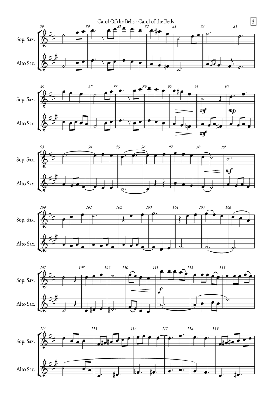Carol of the Bells Soprano Saxophone scores gallery preview page 3