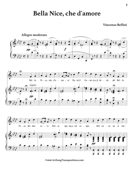 BELLINI: Bella Nice, che d'amore (transposed to F minor)