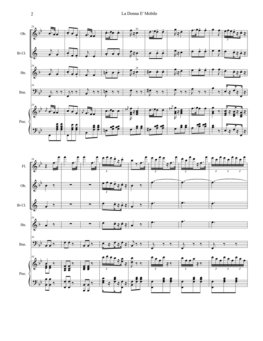 La Donna È Mobile (for Woodwind Quintet and Piano) Woodwind Quintet scores gallery preview page 3
