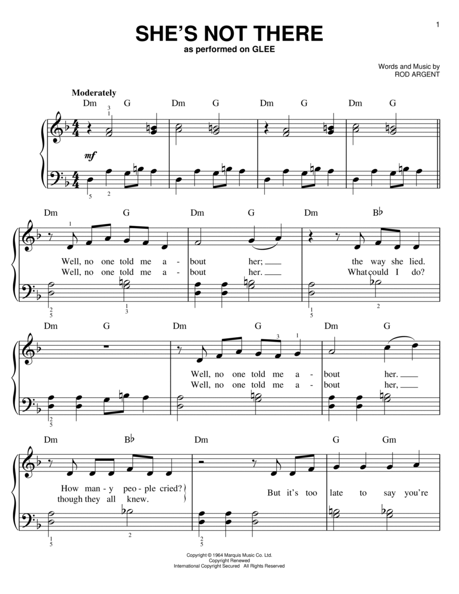She's Not There Easy Piano scores gallery preview page 1