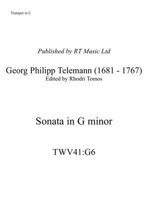 Book cover for Telemann TWV41:G6 Sonata in G minor. Solo parts oboe, piccolo trumpet, trumpets Bb/Eb/C