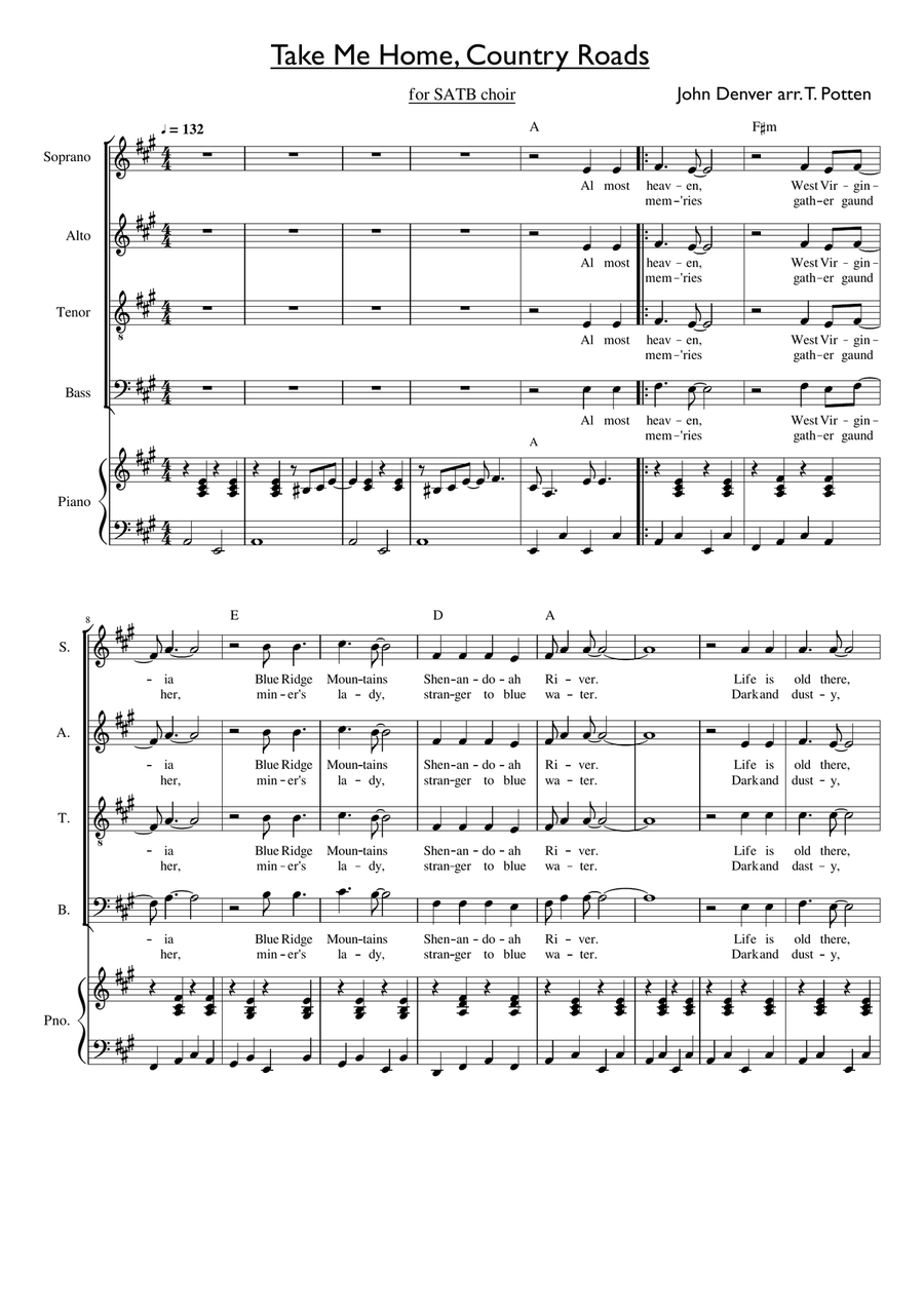 Take Me Home, Country Roads 4-Part scores gallery preview page 1