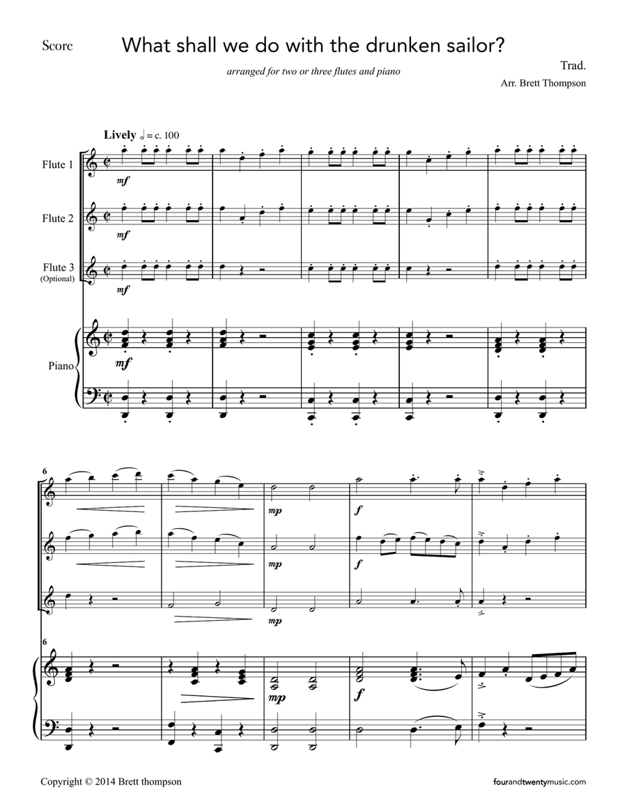 What shall we do with the drunken sailor? for two or three flutes and piano Small Ensemble scores gallery preview page 1