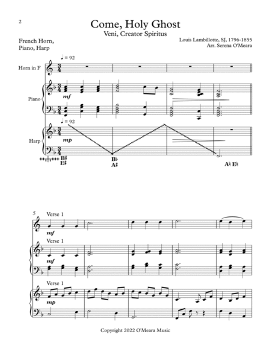 Come, Holy Ghost, Trio for French Horn, Harp, Piano Horn scores gallery preview page 2
