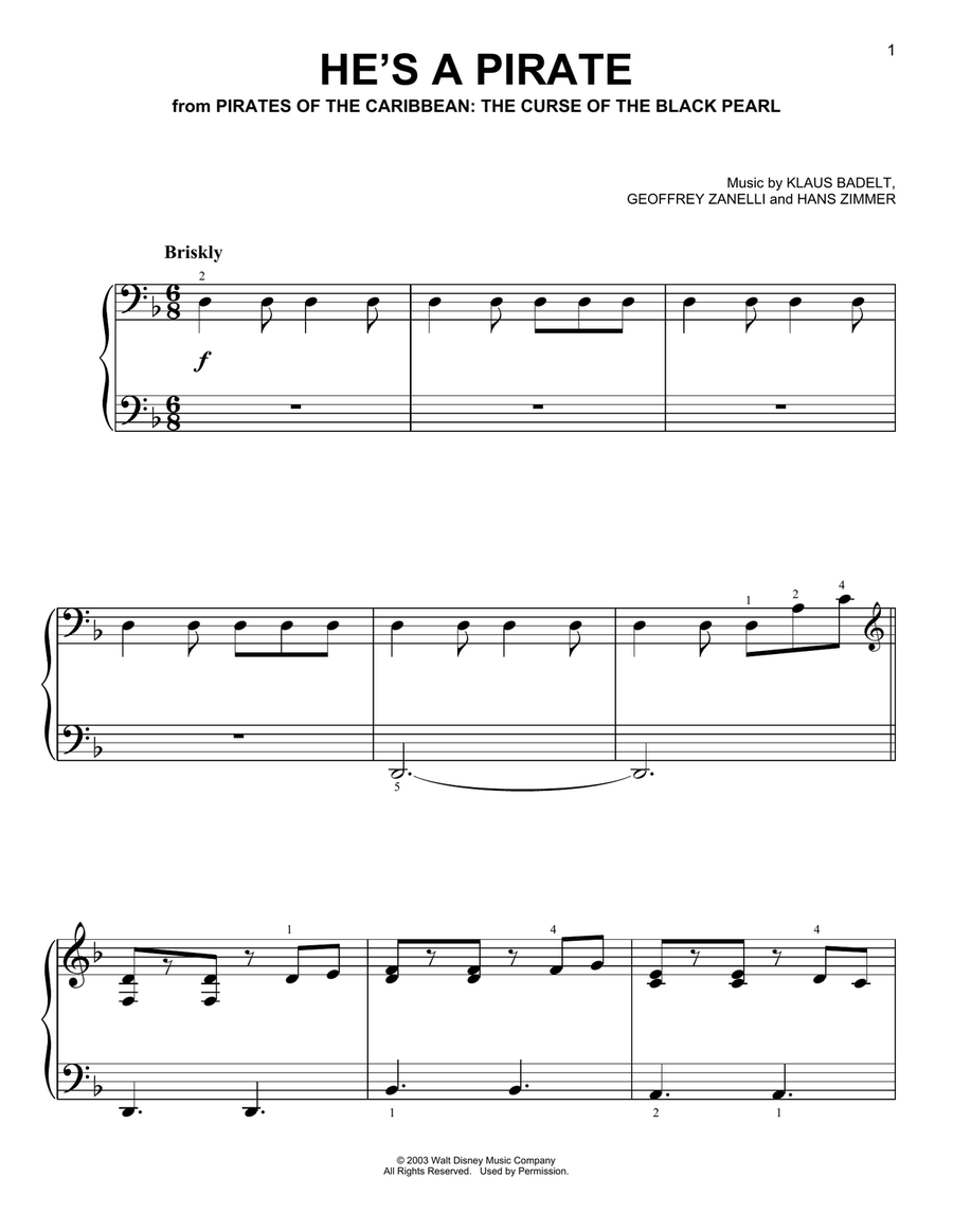 He's A Pirate (from Pirates Of The Caribbean: The Curse Of The Black Pearl) Easy Piano scores gallery preview page 1