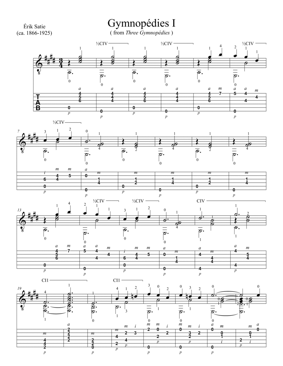 Gymnopedies I (from Three Gymnopedies) for Solo Classical Guitar Acoustic Guitar scores gallery preview page 1