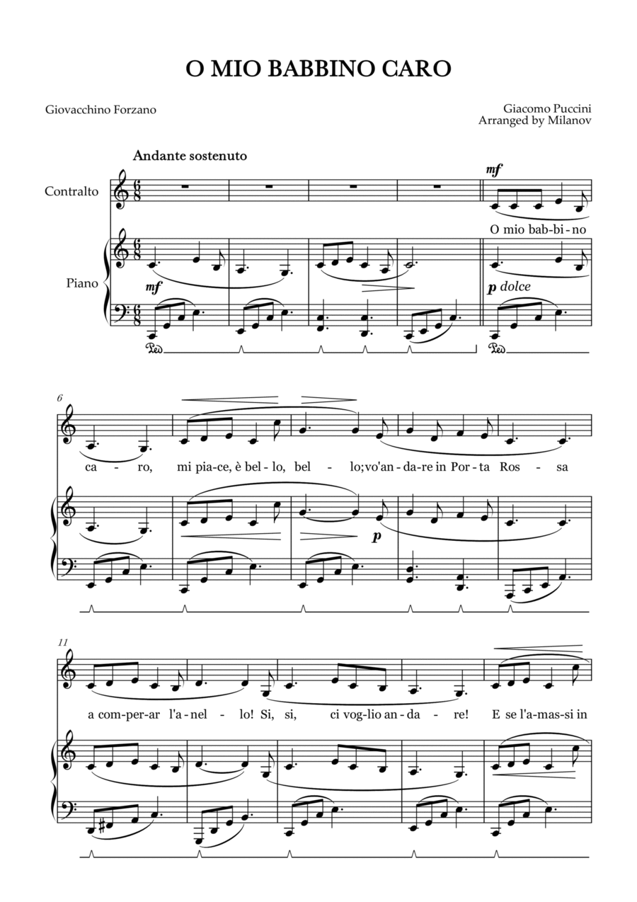 O Mio Babbino Caro | Female Voice Contralto | C Major | Piano accompaniment | Pedal Alto Voice scores gallery preview page 1