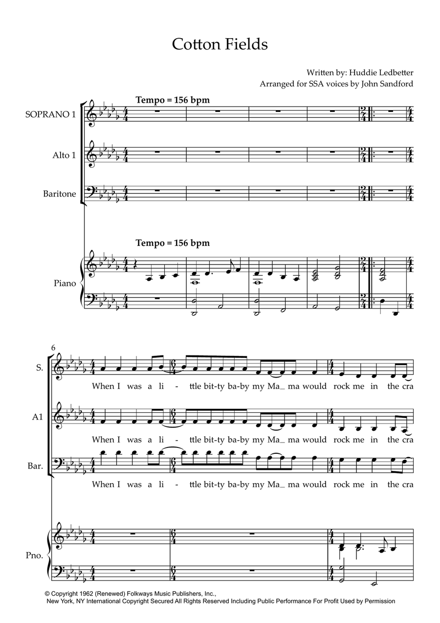 Cotton Fields (The Cotton Song) 3-Part scores gallery preview page 1