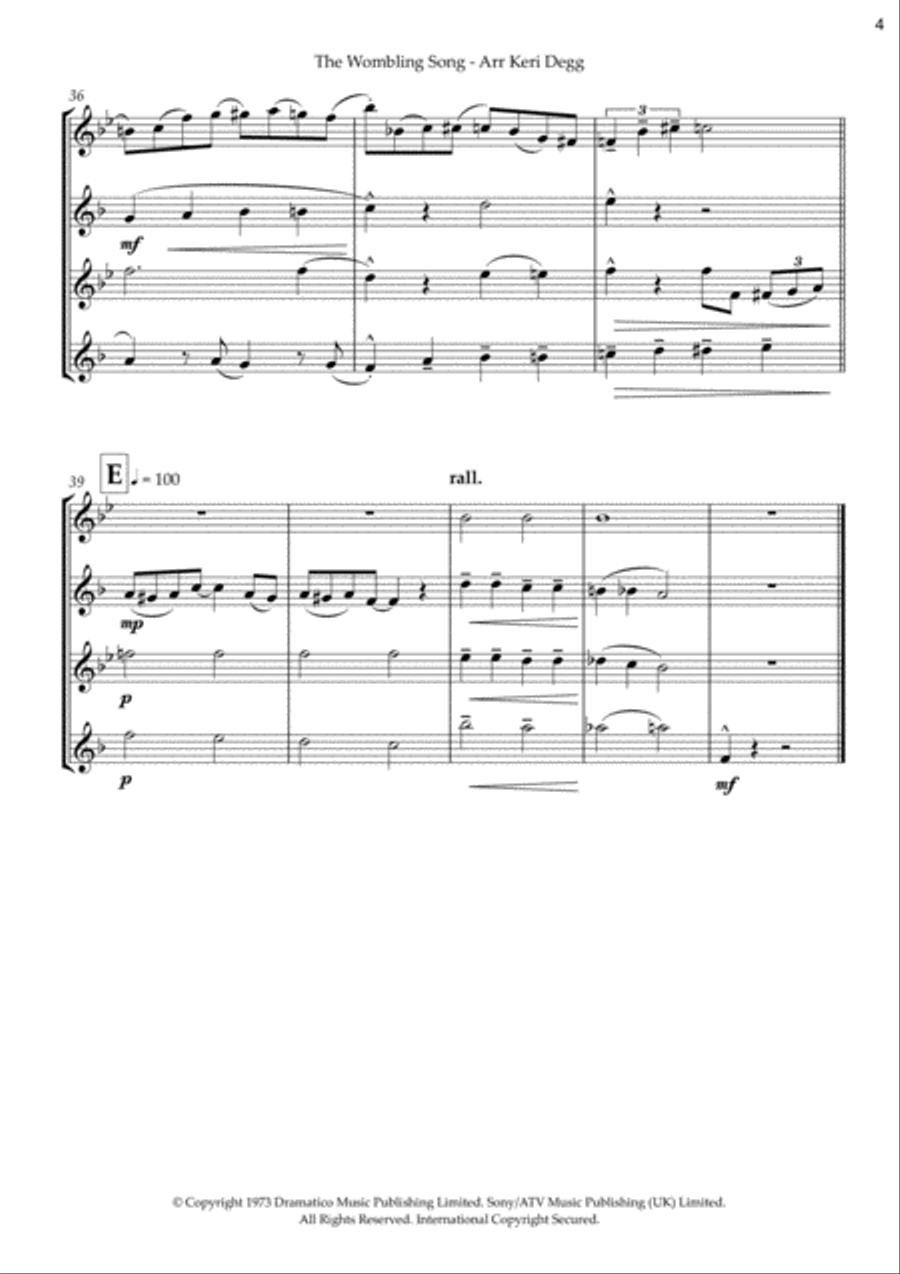 The Wombling Song Saxophone Quartet scores gallery preview page 5